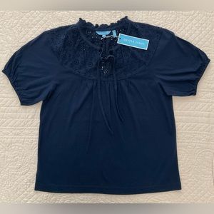 Draper James knit Eyelet Tie Neck Top in Nassau Navy, Sz S